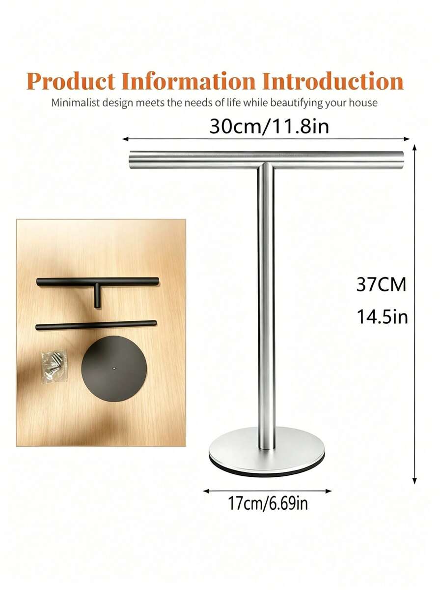 1pc Stainless Steel T-Shaped Towel Bar - Bathroom & Kitchen Countertop Towel Rack, Fashion Design Black & Silver Towel Rack, Kitchen Bathroom Bedroom Multi-Scene Storage image 8