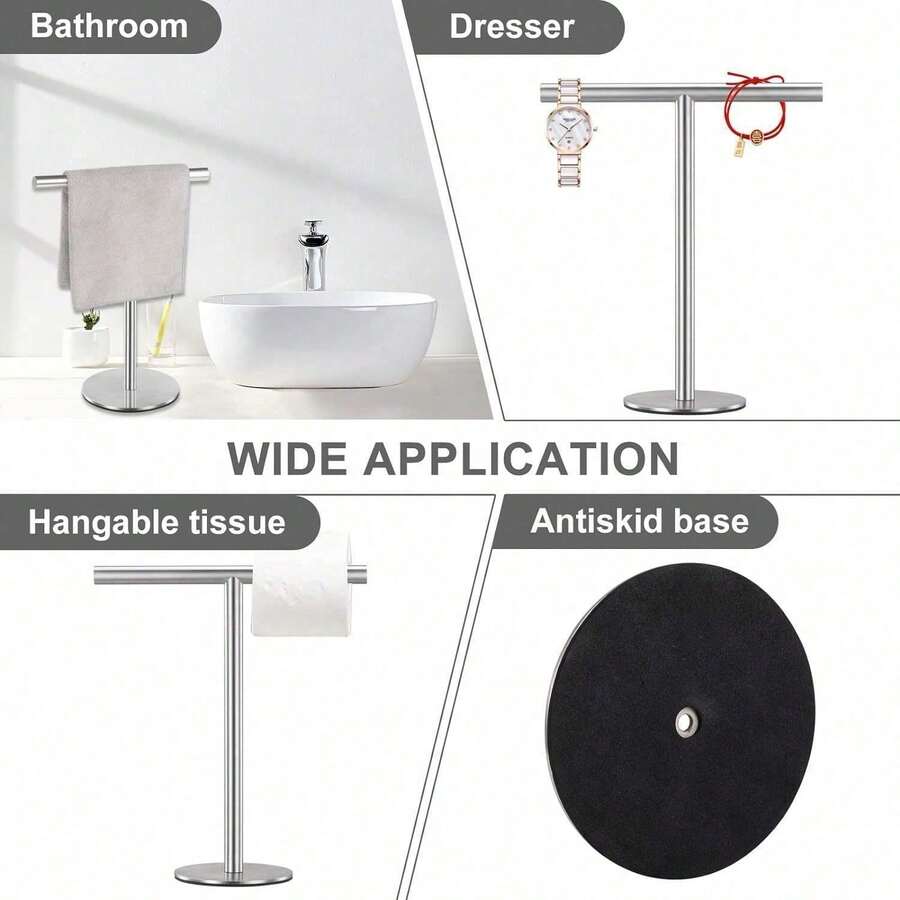 1pc Stainless Steel T-Shaped Towel Bar - Bathroom & Kitchen Countertop Towel Rack, Fashion Design Black & Silver Towel Rack, Kitchen Bathroom Bedroom Multi-Scene Storage image 3
