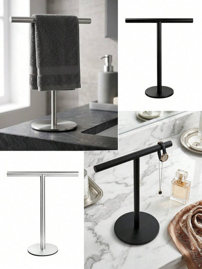1pc Stainless Steel T-Shaped Towel Bar - Bathroom & Kitchen Countertop Towel Rack, Fashion Design Black & Silver Towel Rack, Kitchen Bathroom Bedroom Multi-Scene Storage image 11