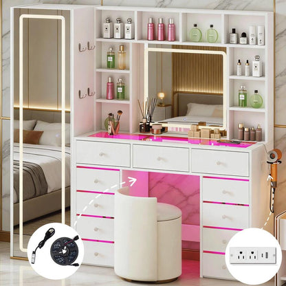 60.82" Full Length Mirror Makeup Vanity Desk With Smart LED Mirror & Charging Station, Transparent Top With 11 RGB Drawers, 10 Shelves, 3 Lighting Modes & Adjustable Brightness, Vanity Woman, White