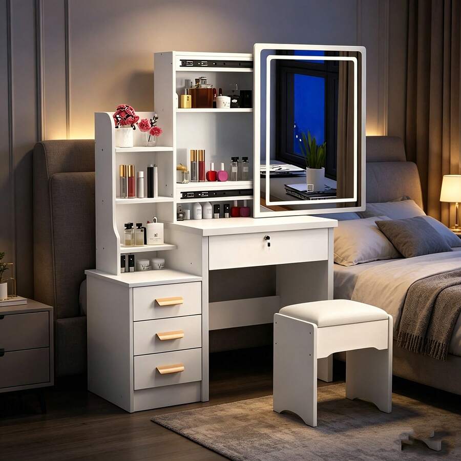 White Vanity Desk With LED Mirror & Stool - 3-Color Adjustable Lighting Makeup Table, Sliding Mirror Dressing Table With Storage Shelves & Drawers For Bedroom (Gift For Girls, Christmas/Birthday)