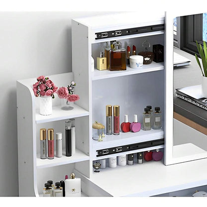 White Vanity Desk With LED Mirror & Stool - 3-Color Adjustable Lighting Makeup Table, Sliding Mirror Dressing Table With Storage Shelves & Drawers For Bedroom (Gift For Girls, Christmas/Birthday)