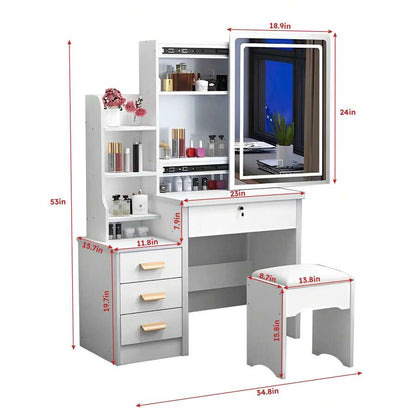 White Vanity Desk With LED Mirror & Stool - 3-Color Adjustable Lighting Makeup Table, Sliding Mirror Dressing Table With Storage Shelves & Drawers For Bedroom (Gift For Girls, Christmas/Birthday)