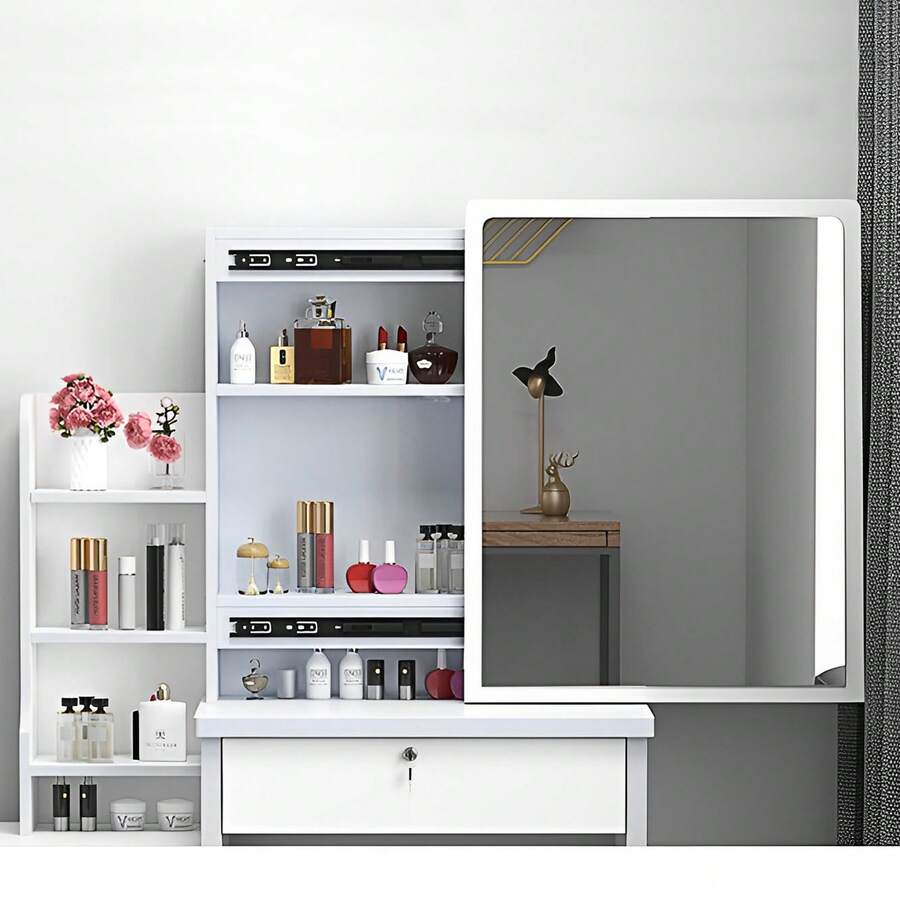 White Vanity Desk With LED Mirror & Stool - 3-Color Adjustable Lighting Makeup Table, Sliding Mirror Dressing Table With Storage Shelves & Drawers For Bedroom (Gift For Girls, Christmas/Birthday)
