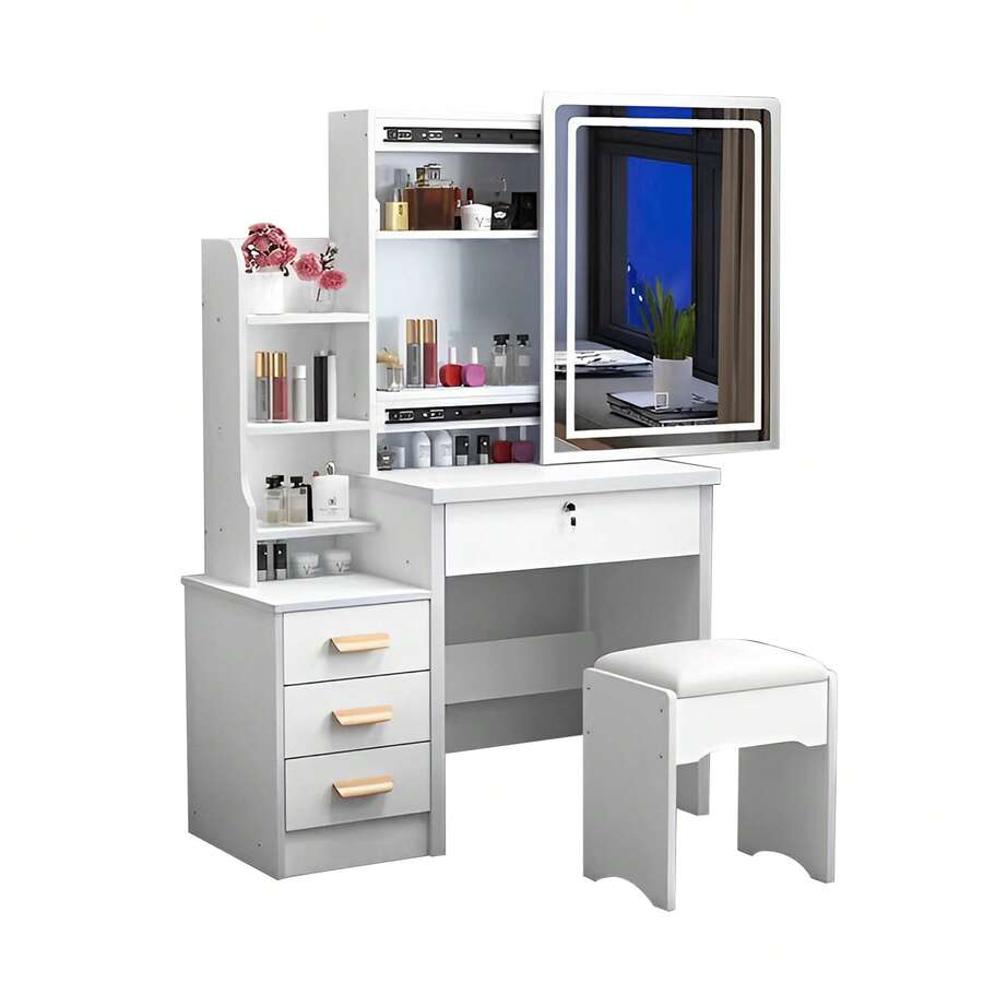 White Vanity Desk With LED Mirror & Stool - 3-Color Adjustable Lighting Makeup Table, Sliding Mirror Dressing Table With Storage Shelves & Drawers For Bedroom (Gift For Girls, Christmas/Birthday)