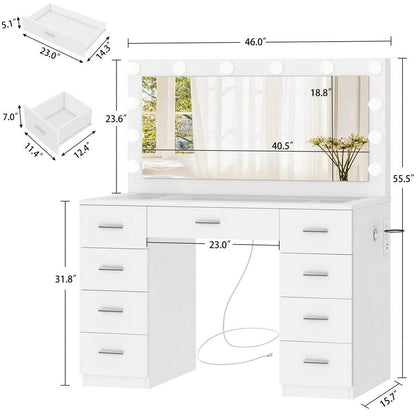 46" Vanity Desk With Glass Top & Lights Mirror, 3 Adjustable Lighting Color, Makeup Vanity With 9 Drawers And 12 LED Lights, Dressing Table For Bedroom, Vanity For Girls, White