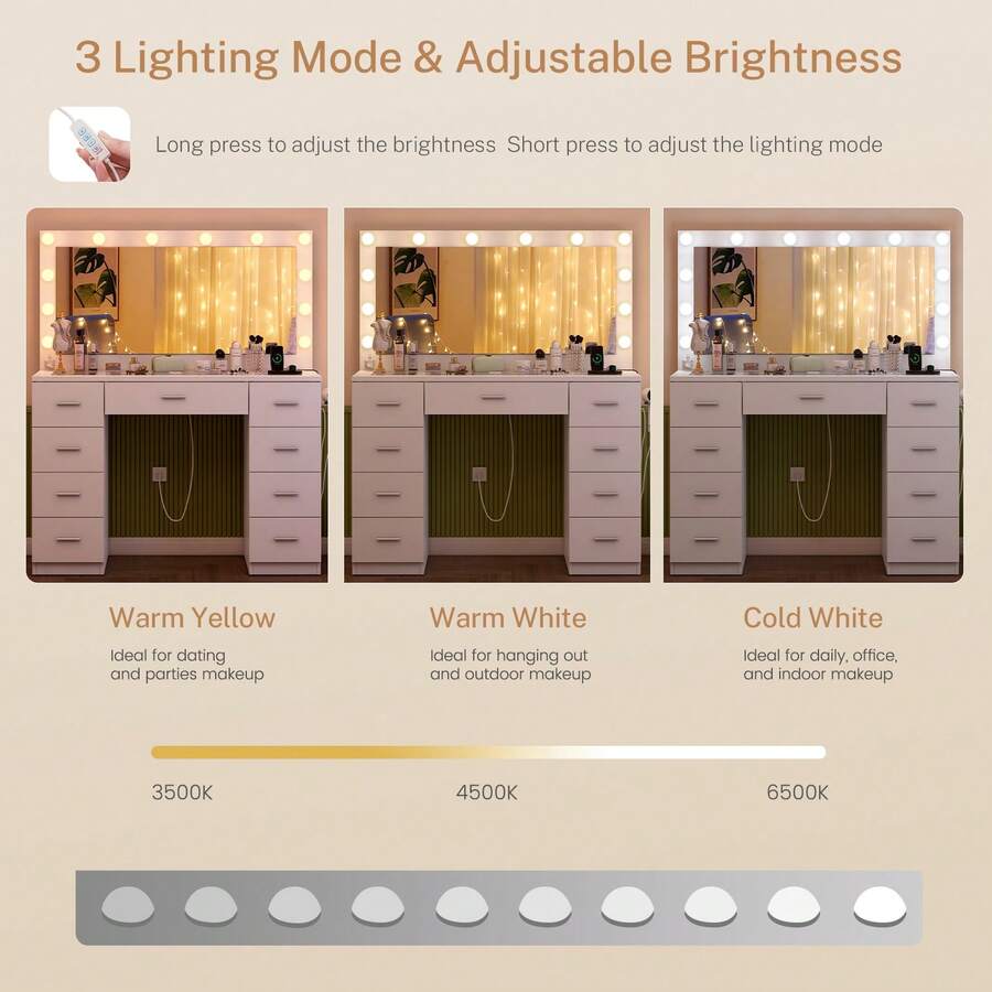 46" Vanity Desk With Glass Top & Lights Mirror, 3 Adjustable Lighting Color, Makeup Vanity With 9 Drawers And 12 LED Lights, Dressing Table For Bedroom, Vanity For Girls, White