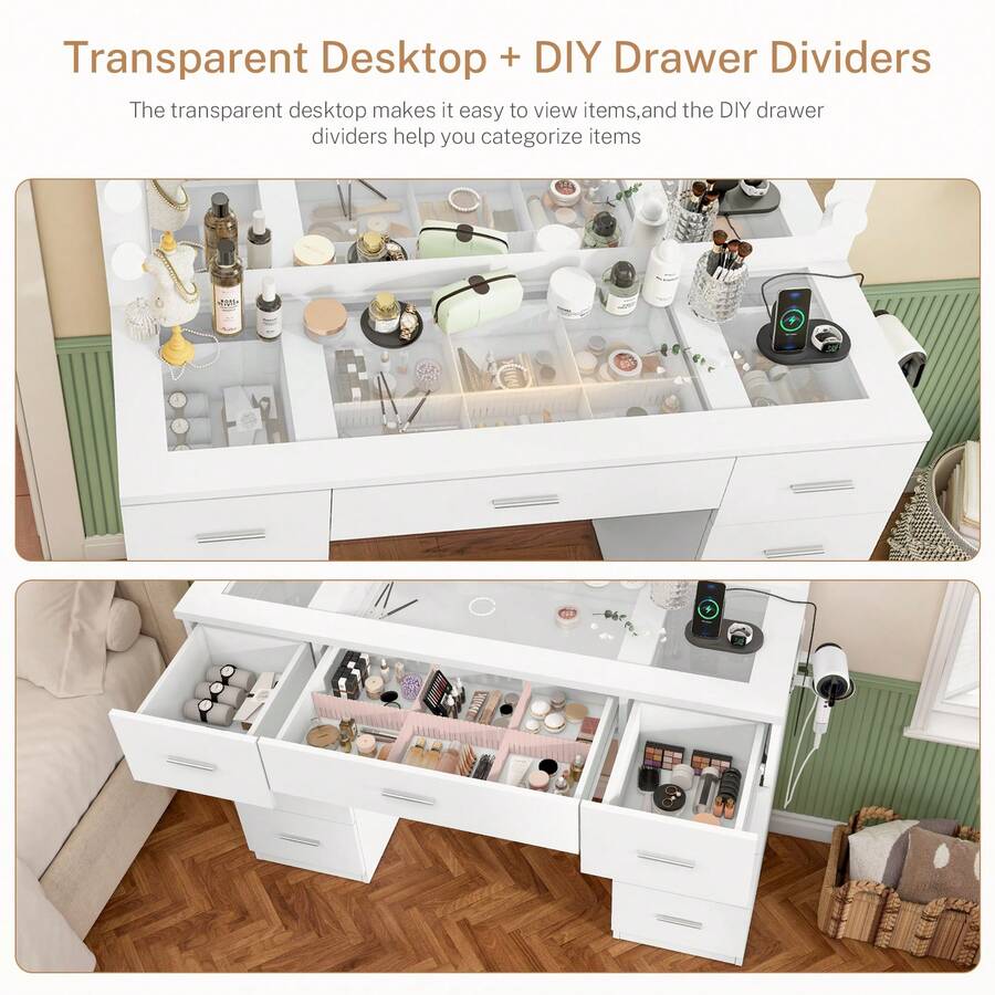 46" Vanity Desk With Glass Top & Lights Mirror, 3 Adjustable Lighting Color, Makeup Vanity With 9 Drawers And 12 LED Lights, Dressing Table For Bedroom, Vanity For Girls, White