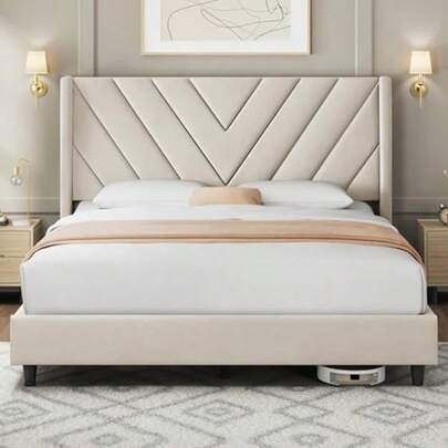 Queen Bed Frame WithChannel-Tufted Headboard, Beige Wood And Fabric Frame Offers Sturdy Silent Support, Easy Assembly, No Box Spring Needed, And ModernStyle For Bedrooms.