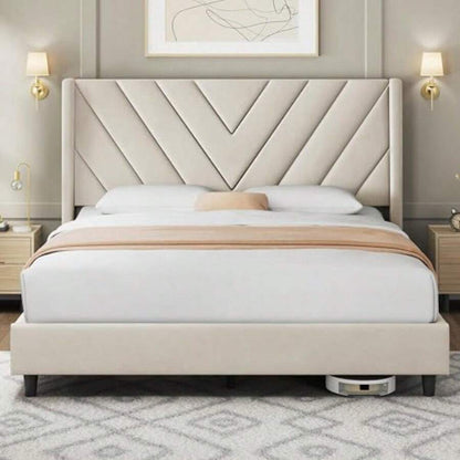 Queen Bed Frame WithChannel-Tufted Headboard, Beige Wood And Fabric Frame Offers Sturdy Silent Support, Easy Assembly, No Box Spring Needed, And ModernStyle For Bedrooms.