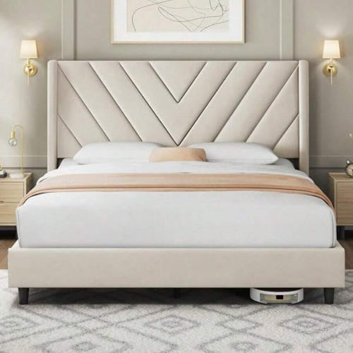 Queen Bed Frame WithChannel-Tufted Headboard, Beige Wood And Fabric Frame Offers Sturdy Silent Support, Easy Assembly, No Box Spring Needed, And ModernStyle For Bedrooms.