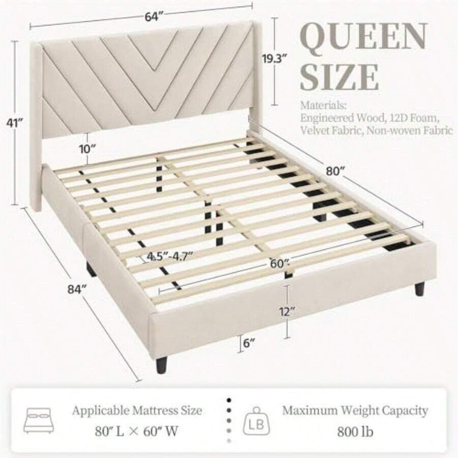 Queen Bed Frame WithChannel-Tufted Headboard, Beige Wood And Fabric Frame Offers Sturdy Silent Support, Easy Assembly, No Box Spring Needed, And ModernStyle For Bedrooms.