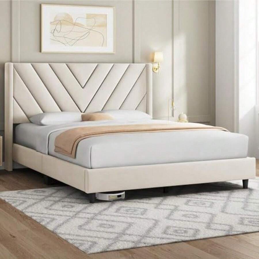 Queen Bed Frame WithChannel-Tufted Headboard, Beige Wood And Fabric Frame Offers Sturdy Silent Support, Easy Assembly, No Box Spring Needed, And ModernStyle For Bedrooms.
