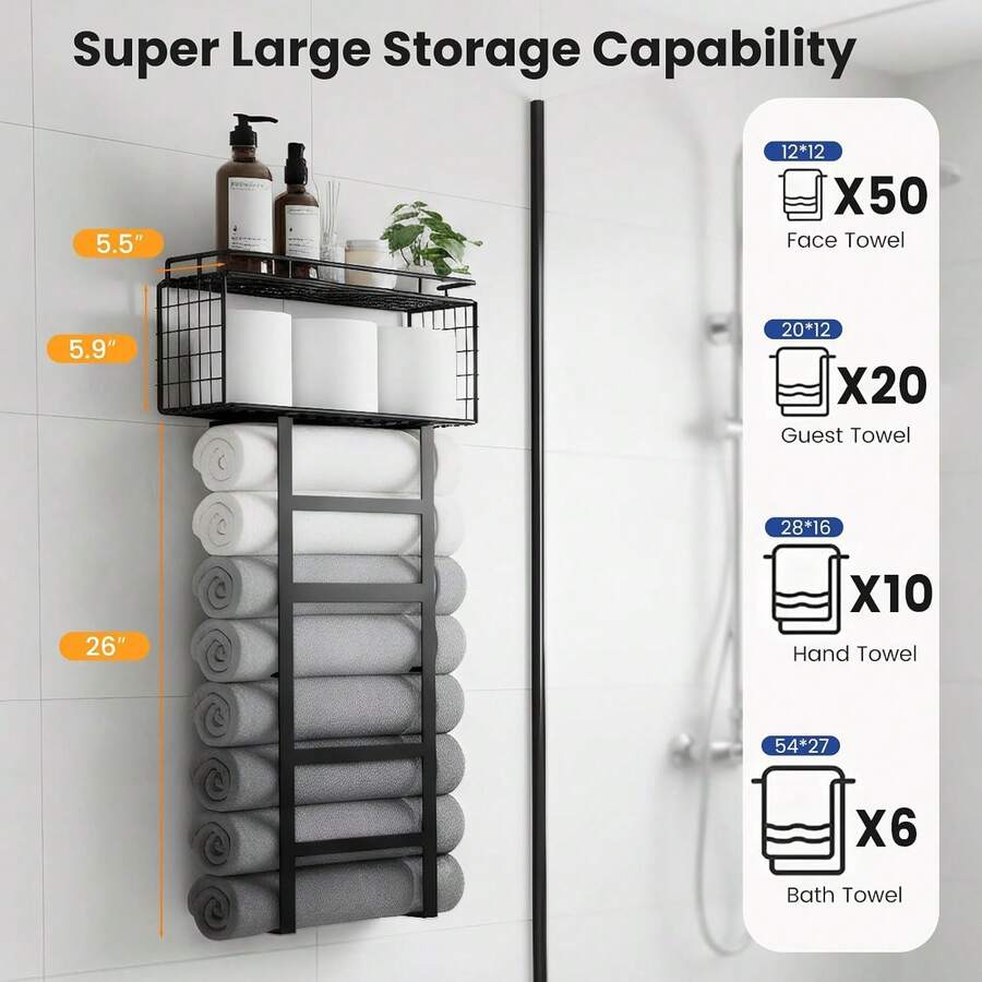 FEELSO Towel Racks For Bathroom Wall Mounted Towel Storage Organize | Towel Storage With Wood Shelf & Metal Basket,Fit For Small Bathroom,Camper,Rv,Black image 2