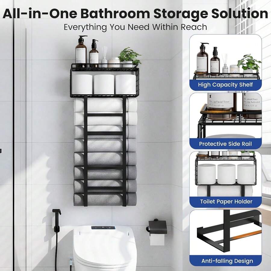 FEELSO Towel Racks For Bathroom Wall Mounted Towel Storage Organize | Towel Storage With Wood Shelf & Metal Basket,Fit For Small Bathroom,Camper,Rv,Black image 4