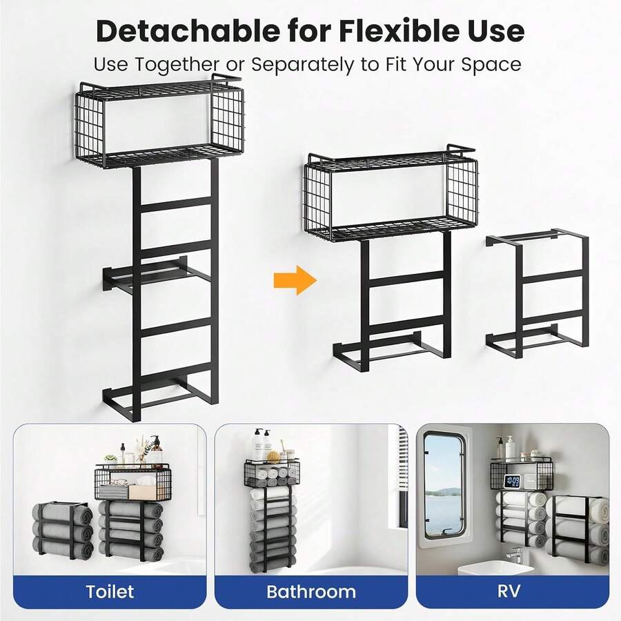 FEELSO Towel Racks For Bathroom Wall Mounted Towel Storage Organize | Towel Storage With Wood Shelf & Metal Basket,Fit For Small Bathroom,Camper,Rv,Black image 5
