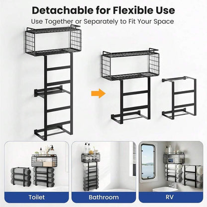 FEELSO Towel Racks For Bathroom Wall Mounted Towel Storage Organize | Towel Storage With Wood Shelf & Metal Basket,Fit For Small Bathroom,Camper,Rv,Black image 5