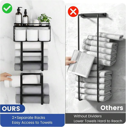FEELSO Towel Racks For Bathroom Wall Mounted Towel Storage Organize | Towel Storage With Wood Shelf & Metal Basket,Fit For Small Bathroom,Camper,Rv,Black image 6