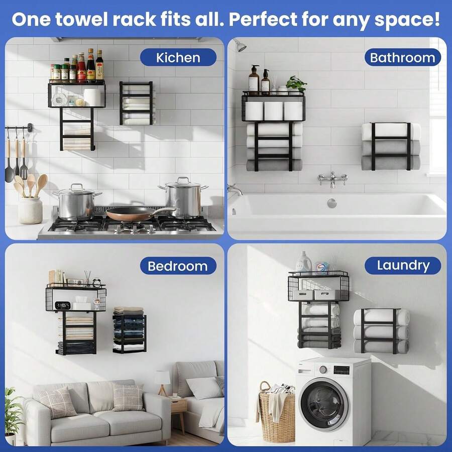 FEELSO Towel Racks For Bathroom Wall Mounted Towel Storage Organize | Towel Storage With Wood Shelf & Metal Basket,Fit For Small Bathroom,Camper,Rv,Black image 7