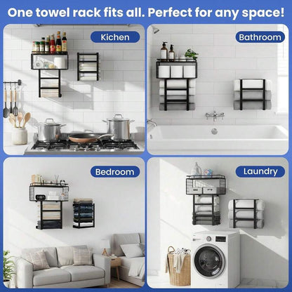 FEELSO Towel Racks For Bathroom Wall Mounted Towel Storage Organize | Towel Storage With Wood Shelf & Metal Basket,Fit For Small Bathroom,Camper,Rv,Black image 7