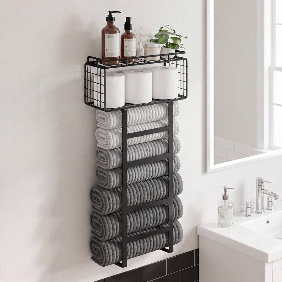 FEELSO Towel Racks For Bathroom Wall Mounted Towel Storage Organize | Towel Storage With Wood Shelf & Metal Basket,Fit For Small Bathroom,Camper,Rv,Black image 1