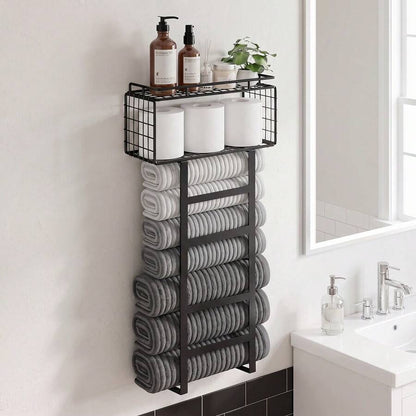 FEELSO Towel Racks For Bathroom Wall Mounted Towel Storage Organize | Towel Storage With Wood Shelf & Metal Basket,Fit For Small Bathroom,Camper,Rv,Black image 1