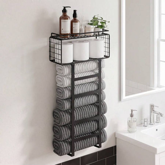 FEELSO Towel Racks For Bathroom Wall Mounted Towel Storage Organize | Towel Storage With Wood Shelf & Metal Basket,Fit For Small Bathroom,Camper,Rv,Black image 1