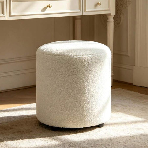 Modern Round Ottoman, Teddy Fleece Vanity Stool Footrest, Upholstered Stool For Makeup, Bedroom, Living Room, White
