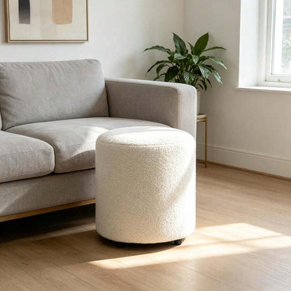 Modern Round Ottoman, Teddy Fleece Vanity Stool Footrest, Upholstered Stool For Makeup, Bedroom, Living Room, White