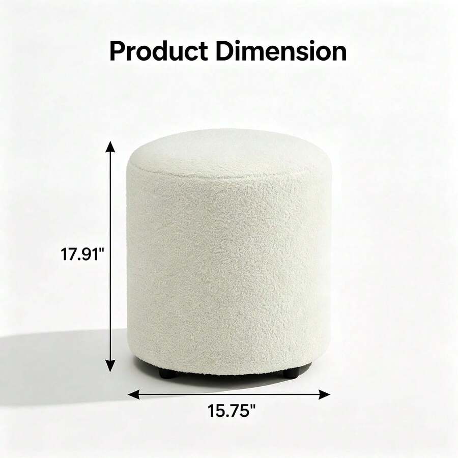 Modern Round Ottoman, Teddy Fleece Vanity Stool Footrest, Upholstered Stool For Makeup, Bedroom, Living Room, White