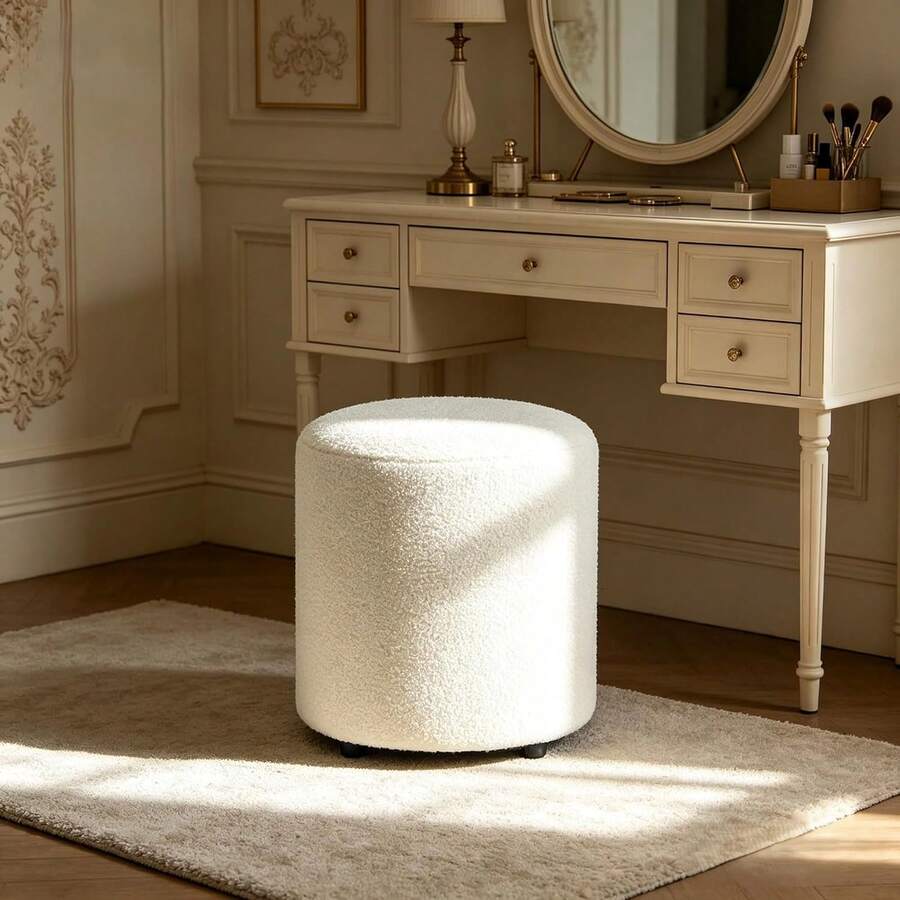 Modern Round Ottoman, Teddy Fleece Vanity Stool Footrest, Upholstered Stool For Makeup, Bedroom, Living Room, White