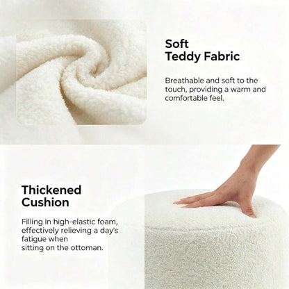 Modern Round Ottoman, Teddy Fleece Vanity Stool Footrest, Upholstered Stool For Makeup, Bedroom, Living Room, White