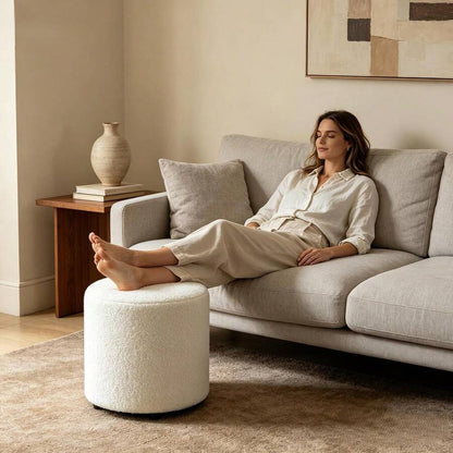 Modern Round Ottoman, Teddy Fleece Vanity Stool Footrest, Upholstered Stool For Makeup, Bedroom, Living Room, White