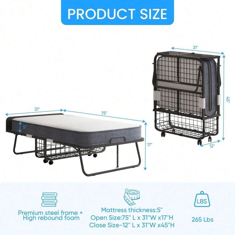 Twin Size Portable Rollaway Folding Bed With 5" High Resilient Foam Mattress, Sturdy Metal Wire Grid Frame, Lockable Wheels Space Saving Fold Away Guest Bed For Small Apartment Office Adult