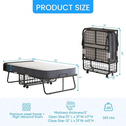 Twin Size Portable Rollaway Folding Bed With 5" High Resilient Foam Mattress, Sturdy Metal Wire Grid Frame, Lockable Wheels Space Saving Fold Away Guest Bed For Small Apartment Office Adult