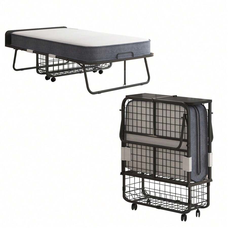 Twin Size Portable Rollaway Folding Bed With 5" High Resilient Foam Mattress, Sturdy Metal Wire Grid Frame, Lockable Wheels Space Saving Fold Away Guest Bed For Small Apartment Office Adult