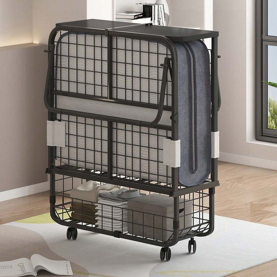 Twin Size Portable Rollaway Folding Bed With 5" High Resilient Foam Mattress, Sturdy Metal Wire Grid Frame, Lockable Wheels Space Saving Fold Away Guest Bed For Small Apartment Office Adult