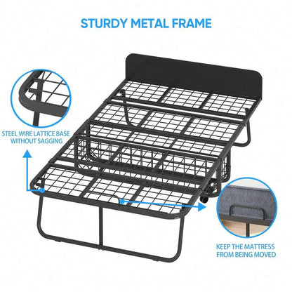 Twin Size Portable Rollaway Folding Bed With 5" High Resilient Foam Mattress, Sturdy Metal Wire Grid Frame, Lockable Wheels Space Saving Fold Away Guest Bed For Small Apartment Office Adult