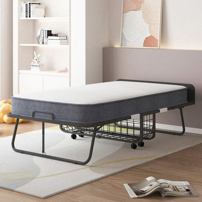 Twin Size Portable Rollaway Folding Bed With 5" High Resilient Foam Mattress, Sturdy Metal Wire Grid Frame, Lockable Wheels Space Saving Fold Away Guest Bed For Small Apartment Office Adult