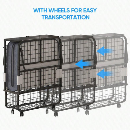 Twin Size Portable Rollaway Folding Bed With 5" High Resilient Foam Mattress, Sturdy Metal Wire Grid Frame, Lockable Wheels Space Saving Fold Away Guest Bed For Small Apartment Office Adult