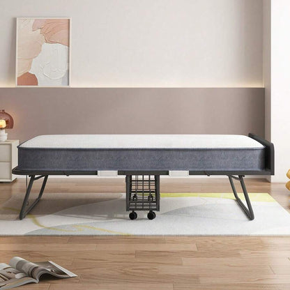 Twin Size Portable Rollaway Folding Bed With 5" High Resilient Foam Mattress, Sturdy Metal Wire Grid Frame, Lockable Wheels Space Saving Fold Away Guest Bed For Small Apartment Office Adult