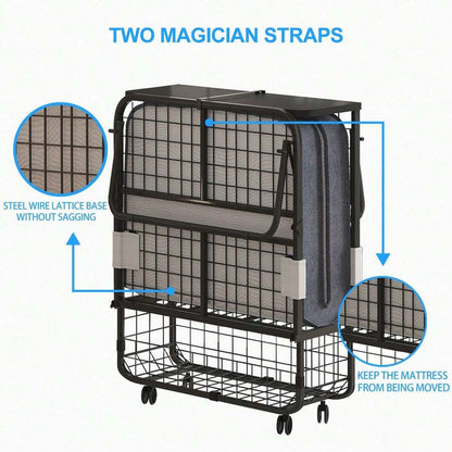 Twin Size Portable Rollaway Folding Bed With 5" High Resilient Foam Mattress, Sturdy Metal Wire Grid Frame, Lockable Wheels Space Saving Fold Away Guest Bed For Small Apartment Office Adult
