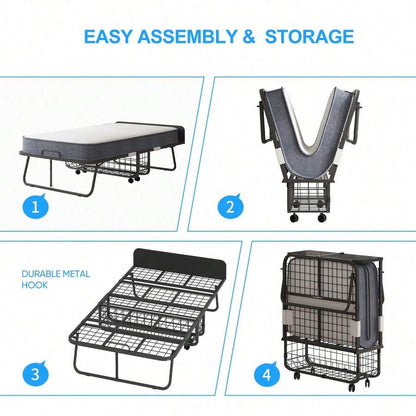 Twin Size Portable Rollaway Folding Bed With 5" High Resilient Foam Mattress, Sturdy Metal Wire Grid Frame, Lockable Wheels Space Saving Fold Away Guest Bed For Small Apartment Office Adult