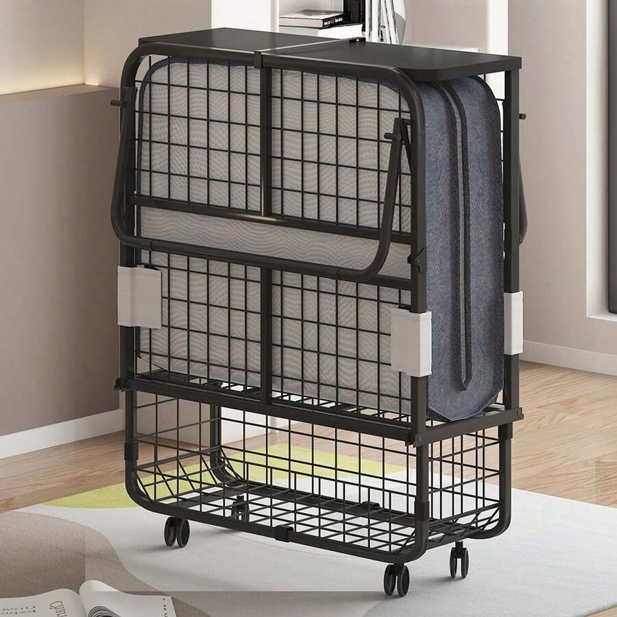 Twin Size Portable Rollaway Folding Bed With 5" High Resilient Foam Mattress, Sturdy Metal Wire Grid Frame, Lockable Wheels Space Saving Fold Away Guest Bed For Small Apartment Office Adult