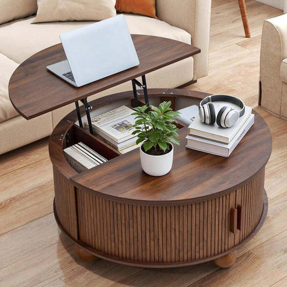 Round Lift Top Coffee Table With Storage, Fluted Circle Wood Center Table For Living Room, Walnut image 1