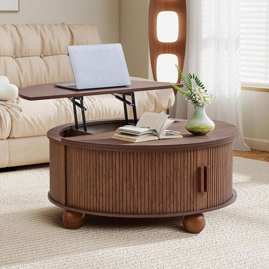 Round Lift Top Coffee Table With Storage, Fluted Circle Wood Center Table For Living Room, Walnut image 3