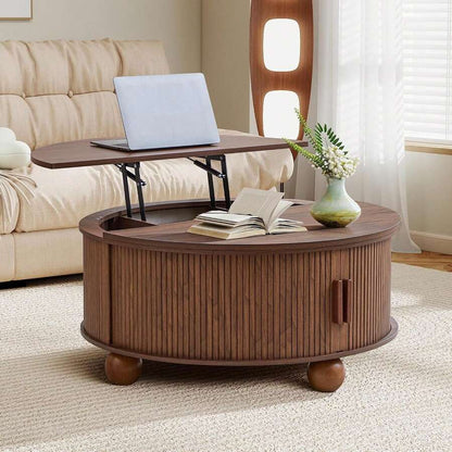 Round Lift Top Coffee Table With Storage, Fluted Circle Wood Center Table For Living Room, Walnut image 3