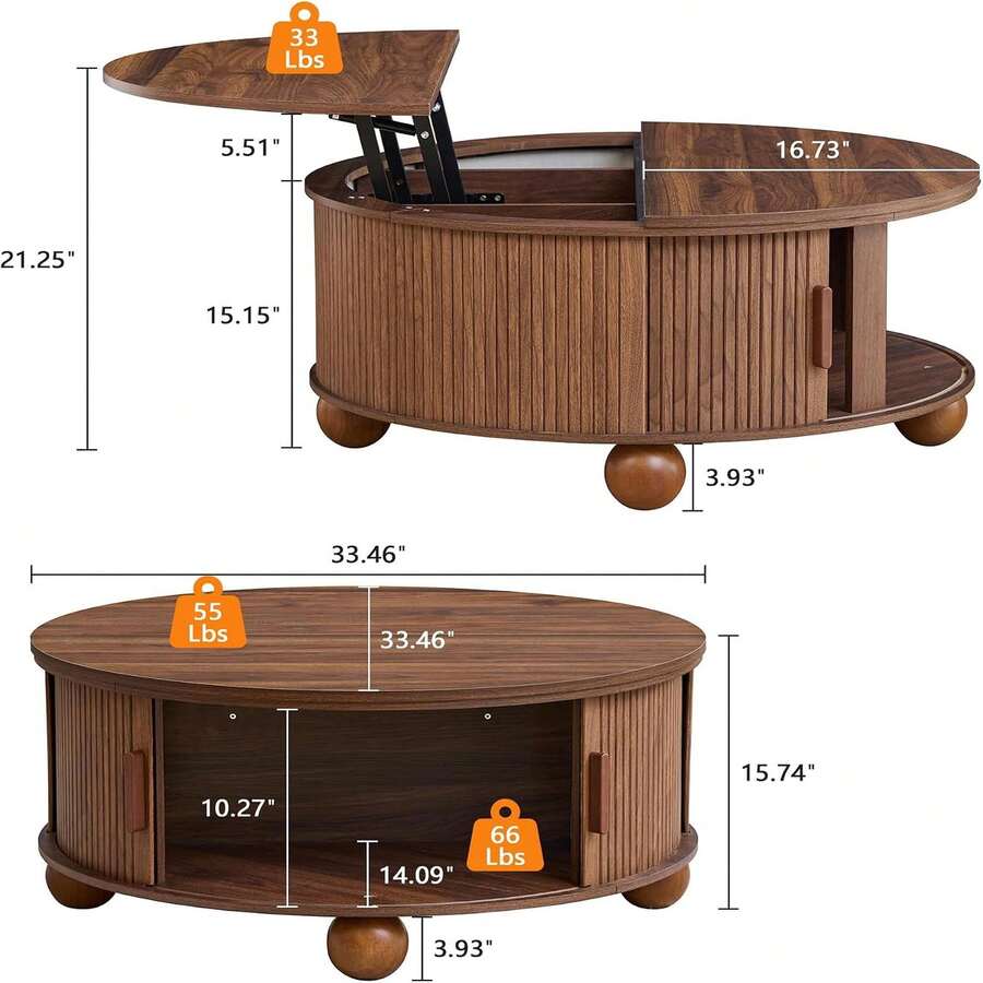 Round Lift Top Coffee Table With Storage, Fluted Circle Wood Center Table For Living Room, Walnut image 2