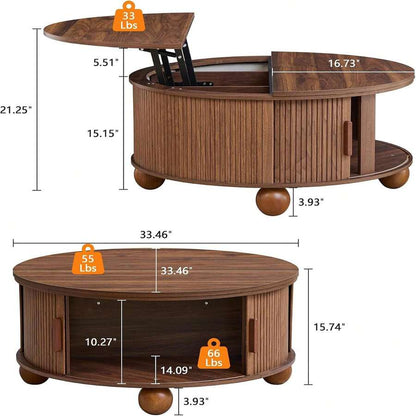Round Lift Top Coffee Table With Storage, Fluted Circle Wood Center Table For Living Room, Walnut image 2