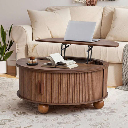 Round Lift Top Coffee Table With Storage, Fluted Circle Wood Center Table For Living Room, Walnut image 6